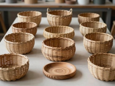 Close-up straight-on photograph of finished handcrafted items — woven baskets and wooden objects — arranged flat on a clean workshop table under north-facing daylight, no people, product-catalog framing