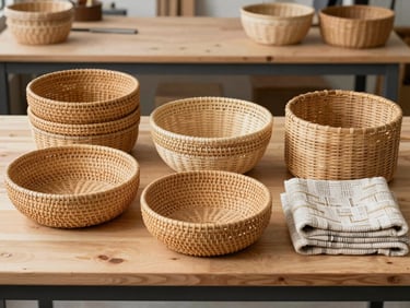 Finished rattan basket and woven textile goods arranged on a workshop bench in flat natural light, straight-on product shot, clean wooden surface background