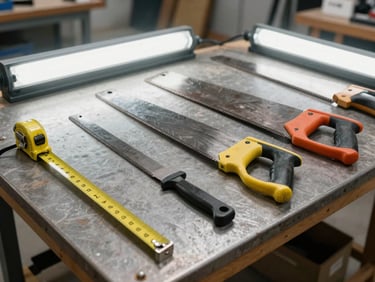 Workshop tools laid out on a metal workbench — measuring tape, hand saw, clamps — under fluorescent and daylight mix, wide environmental shot showing organized workspace