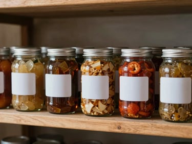 Rows of sealed glass jars containing processed food products on a clean wooden shelf, available workshop light, straight-on shot with labels facing forward