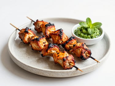 Bright high-key food photography, soft natural daylight, tandoori chicken skewers with charred edges on a light stone plate, fresh mint chutney