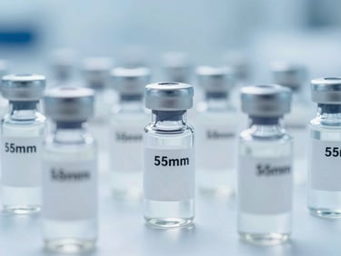 Vials of injectable medicine on a clean production line, bright high-key laboratory lighting, sharp macro focus, 35mm