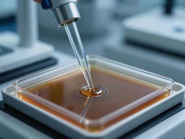 Macro photograph of chemical emulsion stability testing in a laboratory, cool blue light, precise glass pipettes, high technical contrast
