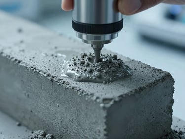 Macro close-up of fresh concrete being tested for viscosity in a clean laboratory setting, cool blue-toned technical lighting, focus on chemical texture.