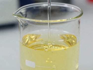Close-up of a clear chemical solution being formulated in a glass beaker, safety yellow tint in the fluid, sharp focus on droplets, laboratory background.