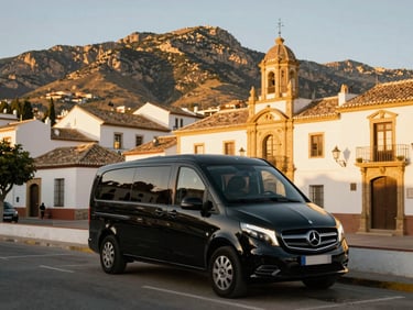 A luxury Mercedes minibus parked near a historic white village in Malaga, Ronda mountains in the background, golden hour