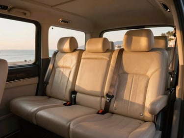 Polished leather interior details of a luxury Mercedes minibus, elegant champagne stitching, soft side golden-hour light