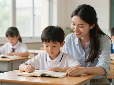A teacher smiling while helping a young student read a book at a wooden desk, soft window light, warm editorial style
