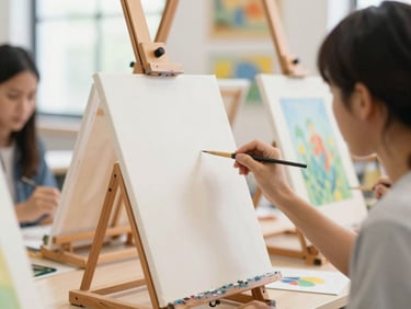 An art studio filled with natural light, a student painting on an easel with colorful canvases in the background, shallow depth of field