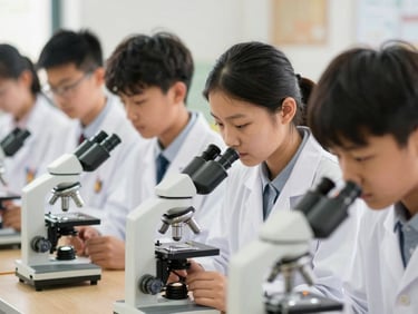 High school students in lab coats looking through a microscope in a bright science classroom, focused expressions, shallow depth of field.