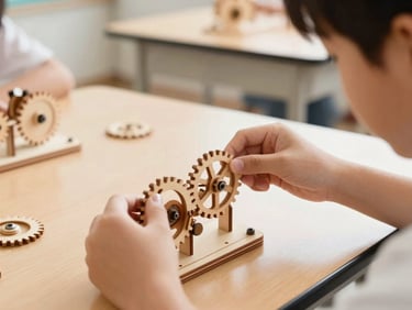 Close-up of student hands assembling a wooden gear mechanism in a bright, modern classroom lab, warm tones