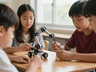 A close-up of middle school students assembling a small robotic arm on a bright wooden desk, natural window light, authentic student engagement.