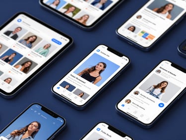 Flat-lay of multiple digital devices (tablet, smartphone) showing different social media ad creatives, sleek editorial technology photography, cool high-contrast studio lighting, deep slate and electric blue tones, macro 50mm