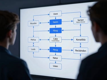 Collaborative whiteboarding session focused on user flow diagrams and conversion points, sleek editorial technology photography, cool high-contrast studio lighting, deep slate and electric blue tones, macro 50mm