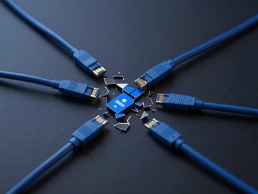 Sleek editorial technology photography, cool high-contrast studio lighting, deep slate and electric blue tones, macro 50mm, a tangled web of digital wires and broken data flow on a dark screen, representing a fragmented user journey, off-center.