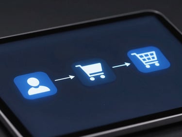 Sleek editorial technology photography, cool high-contrast studio lighting, deep slate and electric blue tones, macro 50mm, a clean, illuminated user flow diagram connecting a social media icon to a shopping cart icon on a digital tablet, representing an unbroken user journey, off-center.
