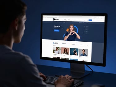 Over-the-shoulder view of a designer working on a website layout on a monitor, with social media campaign metrics visible on a secondary screen, deep slate and electric blue tones, sleek editorial technology.