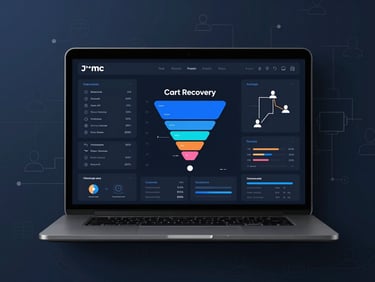 Flat-lay of a laptop showing a custom analytics dashboard with a cart recovery funnel, surrounded by abstract user flow diagrams, cool high-contrast studio lighting, sleek editorial technology.