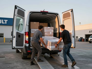 Wide shot of the open rear doors of a moving van parked at a JLT building dock, two movers loading wrapped furniture up a ramp, golden hour light catching the van interior, boxes stacked securely inside, concrete loading bay visible