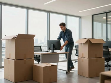 Environmental shot of a partially unpacked Dubai office space, cardboard boxes opened and stacked to the side, a mover placing a monitor on a desk, natural daylight through floor-to-ceiling windows, clean interior, organised placement underway