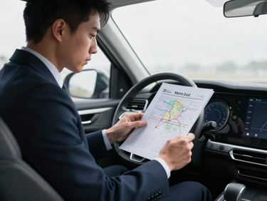 Professional investigator in business attire reviewing documents in a vehicle, Metro East regional map on dashboard, crisp overcast daylight, professional corporate photography, 35mm.