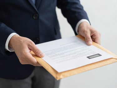 Close-up of hands placing legal documents into a secure envelope, GPS device visible, crisp overcast daylight, professional corporate photography, 35mm.