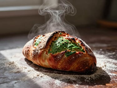 Steam rising from a freshly baked loaf of sourdough bread on a dark flour-dusted surface, warm natural light, moody shadows