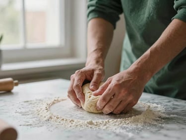 Hands kneading fresh sourdough dough on a flour-dusted marble counter, soft window daylight, warm tones, 35mm