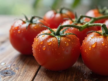 Macro close-up of heirloom tomatoes glistening with dew on a rustic wooden table, soft natural Scandinavian daylight, shallow depth of field