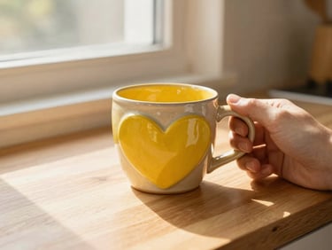 Close-up of a hand holding a vibrant marigold Clay Heart mug on a sunlit wooden kitchen counter, with soft golden-hour window light, shallow depth of field, 35mm