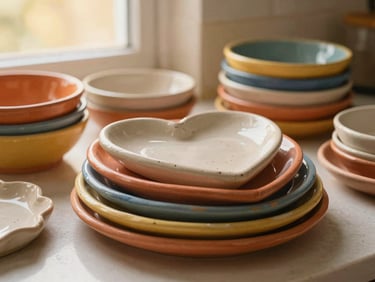 Stacked colorful Clay Heart plates and bowls in a real, lived-in kitchen, with warm golden-hour window light, tactile ceramic textures, shallow depth of field, 35mm