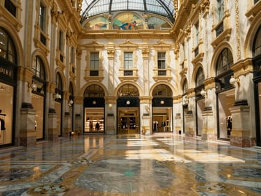 High-end architectural photography of a luxury retail galleria interior, marble floors, brass accents, empty sun-drenched space, dramatic shadows