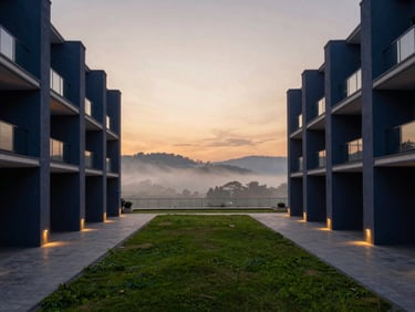 Symmetrical architectural composition of an elevated land plot overlooking a misty valley at twilight, warm accent lighting along paved pathways, deep navy tones