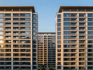 Symmetrical architectural shot of a premium residential land parcel, golden hour light, clean geometric lines, 35mm.