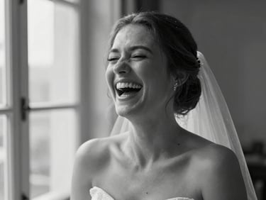 Cinematic medium shot of a bride laughing with her eyes closed, soft natural light from a window, black and white, highly emotional and unposed.