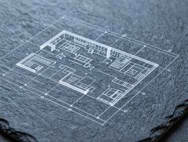 CAD schematic showing a detailed room-by-room heat loss calculation, crisp studio light, slate and technical blue tones, sharp focus, high detail, 35mm
