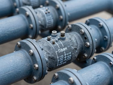 Close-up of manifold pipework with technical labels and flow indicators, crisp studio light, macro technical detail, slate and technical blue tones, sharp focus, high detail, 35mm