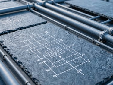Detailed hydronic balancing schematic with pipework and manifold layouts, cool daylight, structured architectural perspective, slate and technical blue tones, sharp focus, high detail, 35mm