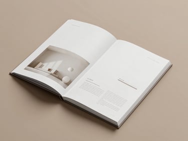 A clean, modern brand book open on a warm taupe surface, displaying minimalist layout designs under soft, diffused window light.