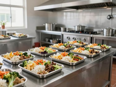 Wide shot of a clean, modern stainless-steel industrial kitchen in a Vietnamese school, organized meal trays with colorful healthy food, bright natural daylight, pristine and sterile environment.