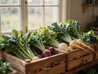 A rustic farm stand at golden hour, wooden crates filled with leafy greens and root vegetables, soft natural window light, warm editorial 35mm photography