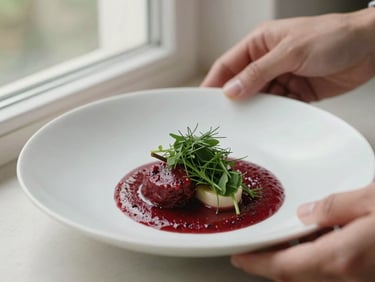 Hands of a chef plating a delicate dish, rich crimson sauce, Matte Forest Green herbs, soft overcast daylight, close-up, 35mm.