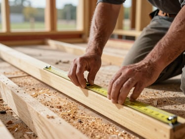 Close-up of a contractor's hands measuring structural framing lumber on a residential job site, natural daylight through unfinished wall openings, sawdust on plywood subfloor