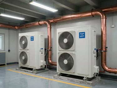 Wide shot of a commercial mechanical room, two large heat pump units freshly installed on equipment pads, copper refrigerant lines running to the ceiling, fluorescent shop lighting overhead