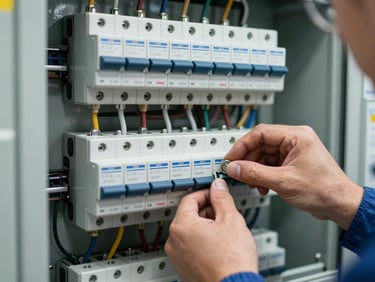 Close-up of a newly upgraded residential electrical panel, breakers labeled, wiring organized in neat runs, a licensed technician's hand tightening a terminal screw under bright shop lighting