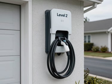 Level 2 EV charging station mounted on a residential garage exterior wall, charging cable coiled, driveway visible in background, overcast daylight
