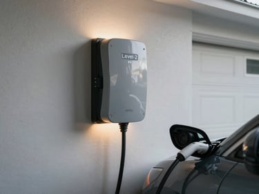 Level-2 EV charger mounted on a residential garage wall, charging cable plugged into a vehicle partially visible, soft garage light illuminating the panel and conduit run cleanly against painted drywall