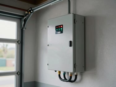 Battery storage unit mounted on a garage wall, status indicator LEDs visible, clean conduit runs to the panel, daylight through a side window