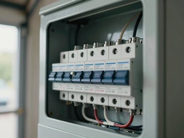Close-up of a newly installed residential electrical panel, breakers labeled by circuit, clean wiring runs visible, natural light from an open garage door