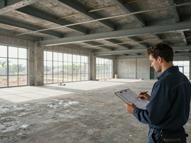 Wide environmental shot of a mid-project commercial building interior — concrete floors, steel framing exposed, a licensed technician in the background reviewing structural plans on a clipboard, natural daylight from open wall sections